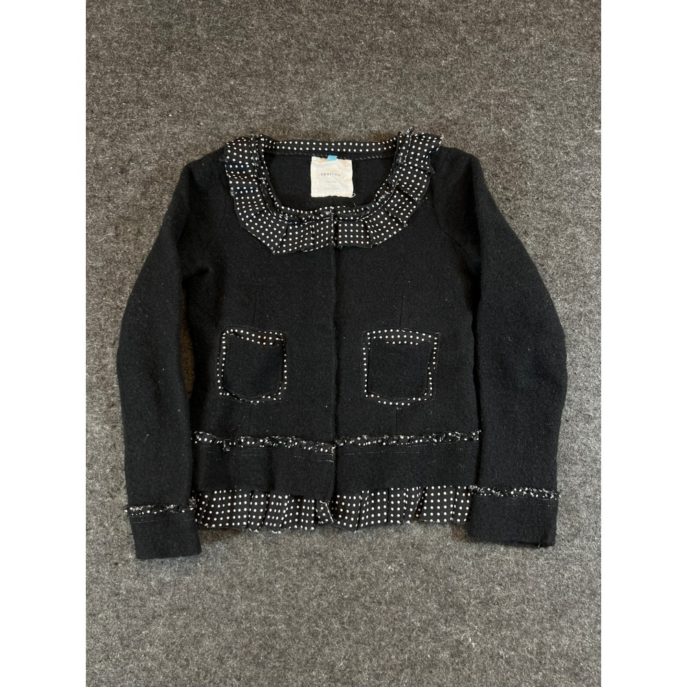 Sparrow Anthropologie Merino Wool Cardigan Black Polka Dot Ruffle Trim Medium